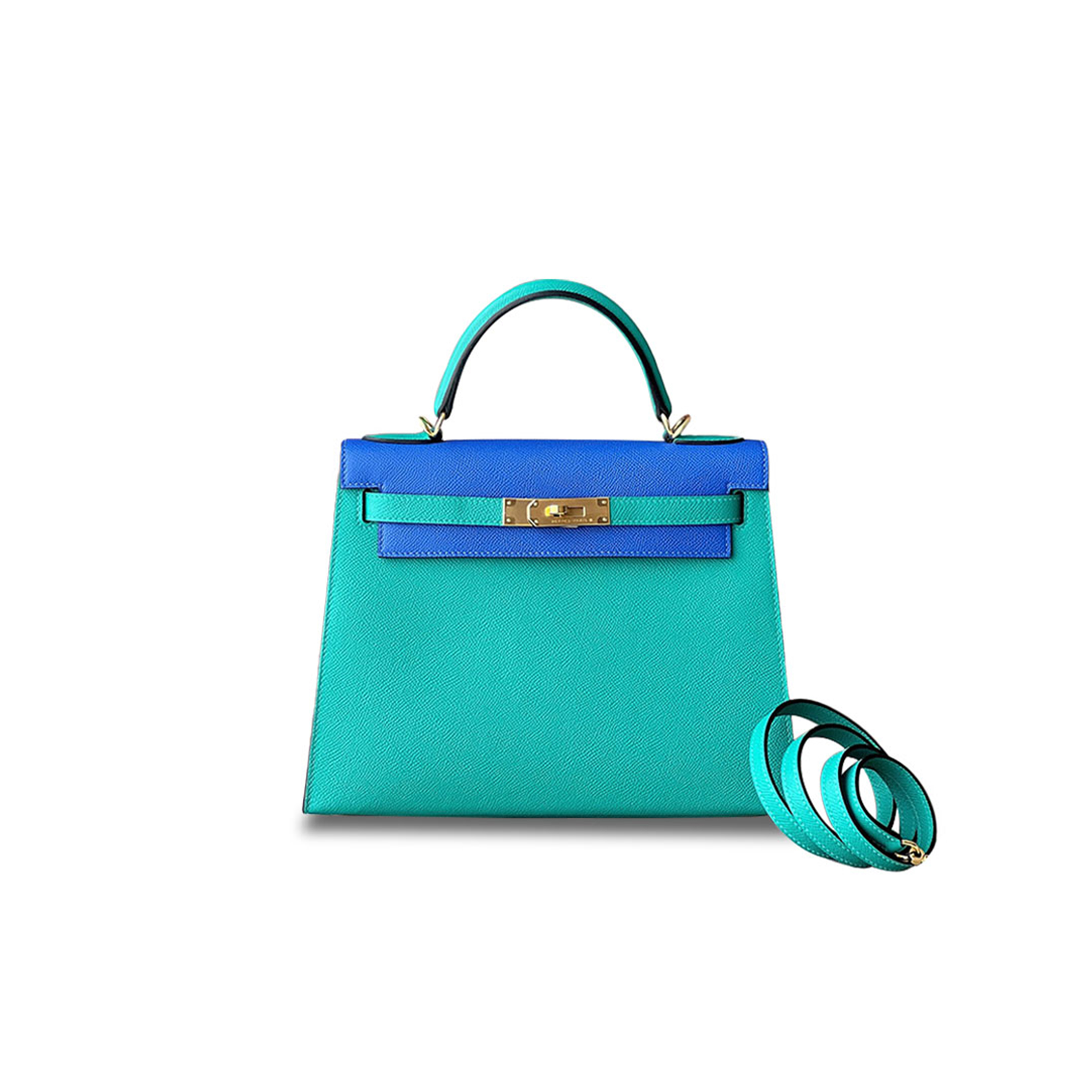 HERMÈS KELLY 25 EPSOM VERONA GREEN AND GLAZED BLUE GOLD BUCKLE (25*17*7cm) 